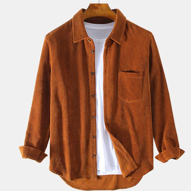 Custom logo Print Turn Down Collar Brown Long Sleeve Fashion Loose Mens Corduroy Solid Color Shirt