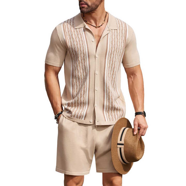 Custom Men's Summer 2-Piece Vintage Short Sleeve Button Down Knit Polo Shirts and Casual Beach Shorts for Travel